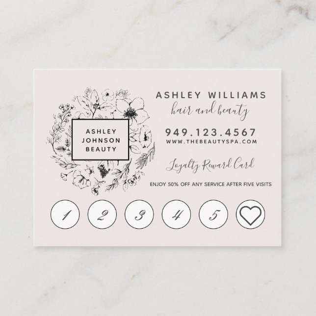 Modern Botanical Blush & Black Salon Loyalty Card (Back)