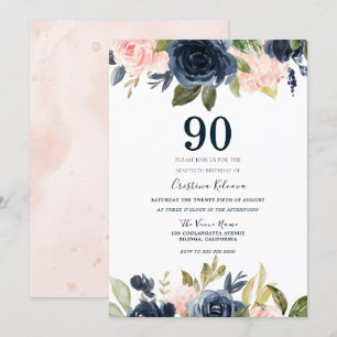 Modern Botanical Blush & Navy Floral 90th Birthday Invitation