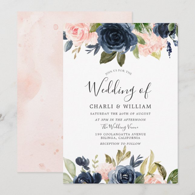 Modern Botanical Blush & Navy Floral Wedding Invitation (Front/Back)