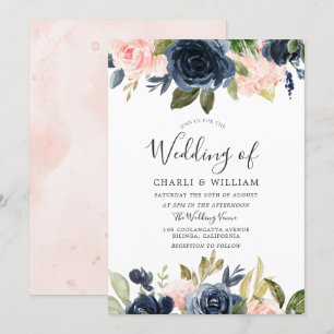 Modern Botanical Blush & Navy Floral Wedding Invitation