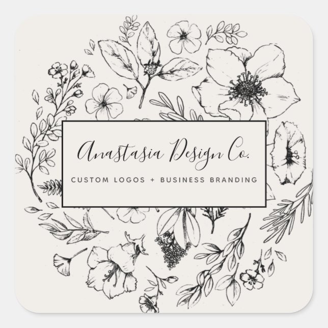 Modern Botanical Blush Pink and Black Script Square Sticker (Front)