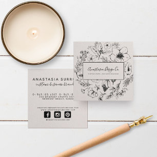 Modern Botanical Blush Pink & Black Script Square Business Card