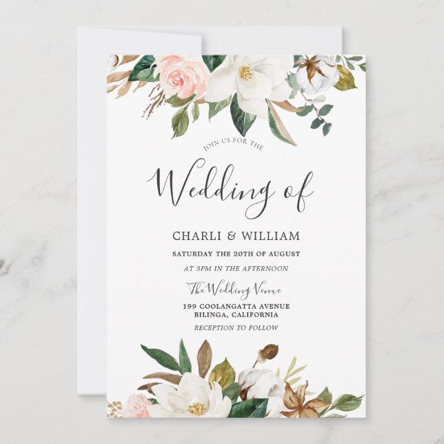 Modern Botanical Blush & White Floral Wedding Invitation (Front)