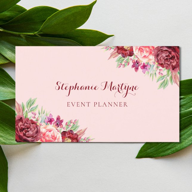 Modern Botanical Burgundy Blush Floral Watercolor Business Card (Creator Uploaded)