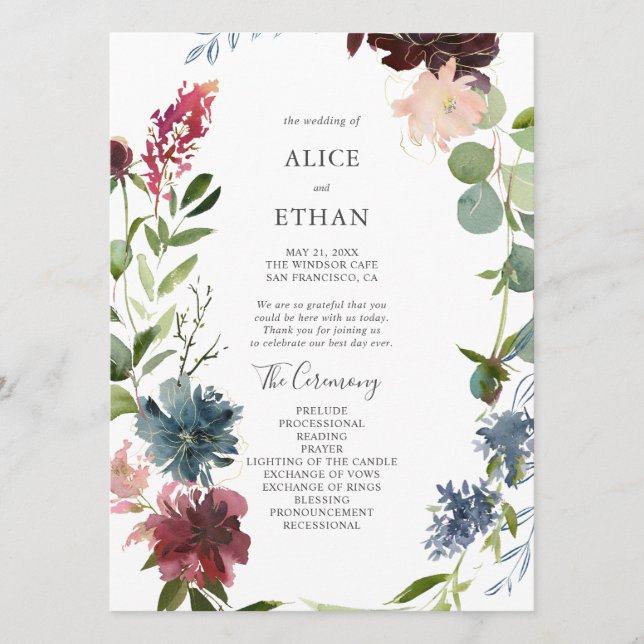 Modern Botanical Burgundy Eucalyptus Wedding Programme (Front)