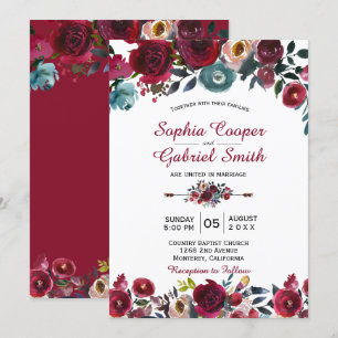 Modern Botanical Burgundy Navy Floral Wedding Invitation