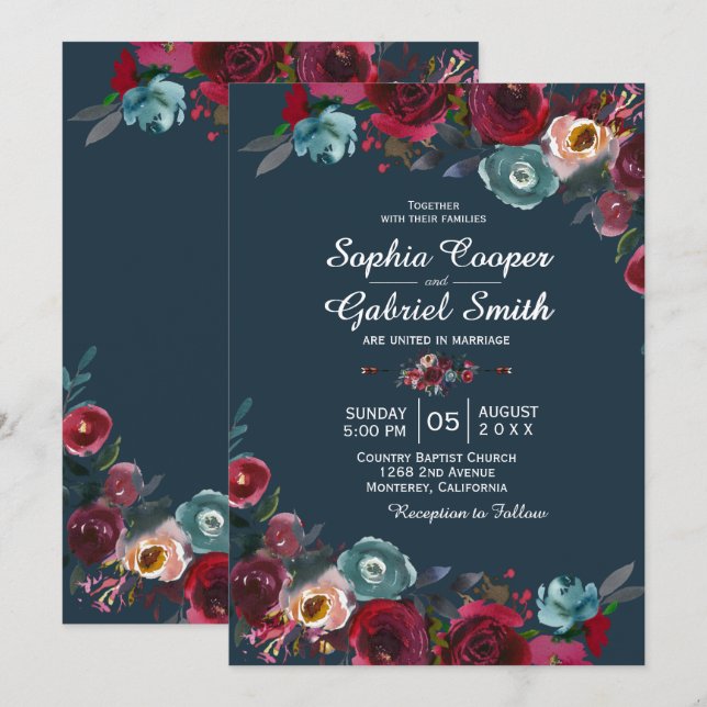 Modern Botanical Burgundy Navy Floral Wedding Invitation (Front/Back)