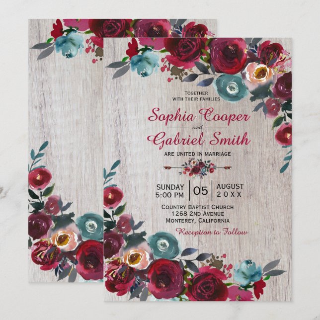 Modern Botanical Burgundy Navy Floral Wood Wedding Invitation (Front/Back)