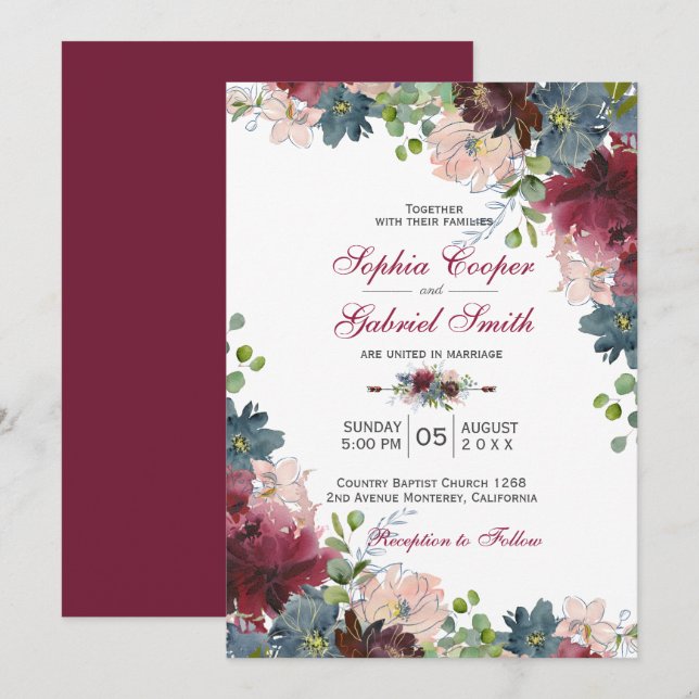 Modern Botanical Burgundy Navy Pink Floral Wedding Invitation (Front/Back)