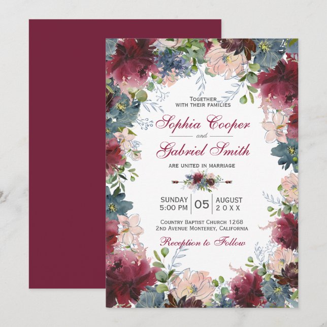 Modern Botanical Burgundy Navy Pink Floral Wedding Invitation (Front/Back)