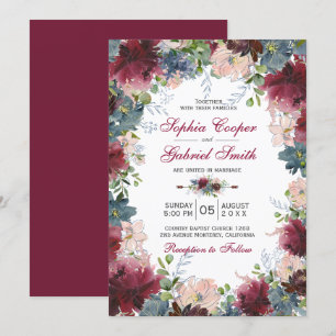 Modern Botanical Burgundy Navy Pink Floral Wedding Invitation