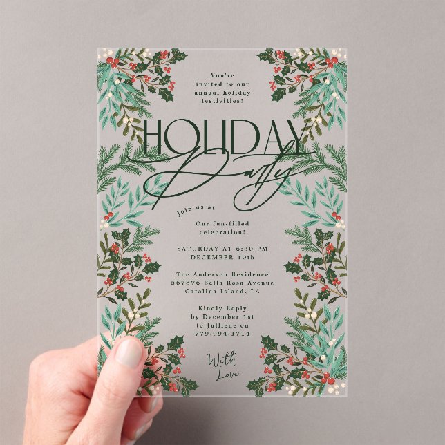 Modern Botanical Classic Christmas Holiday Party Acrylic Invitations (Insitu (Handheld))