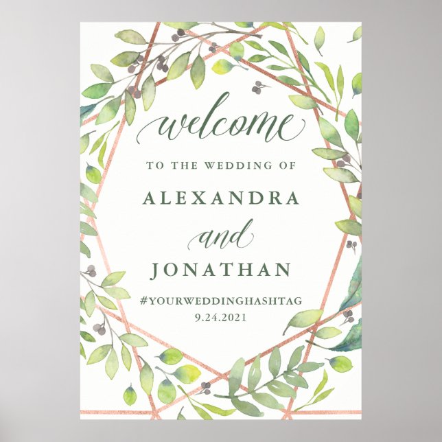 Modern Botanical Copper Look Wedding Welcome Sign (Front)