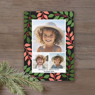 Modern botanical coral black green - 3 photo holiday card