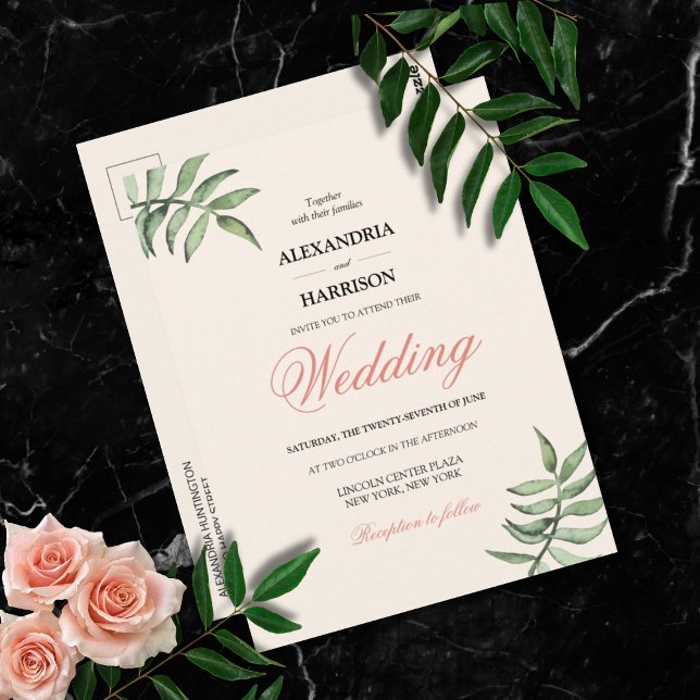Modern Botanical Coral Green Wedding Invitation Postcard (Modern Soft Peach Botanical Wedding Invitation Postcard)