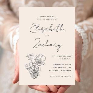 Modern Botanical Cream Black Wedding Invitation