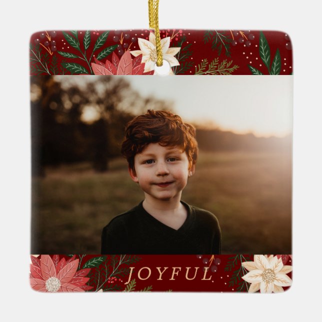 Modern Botanical Custom Family Photo Joyful Ceramic Ornament (Front)