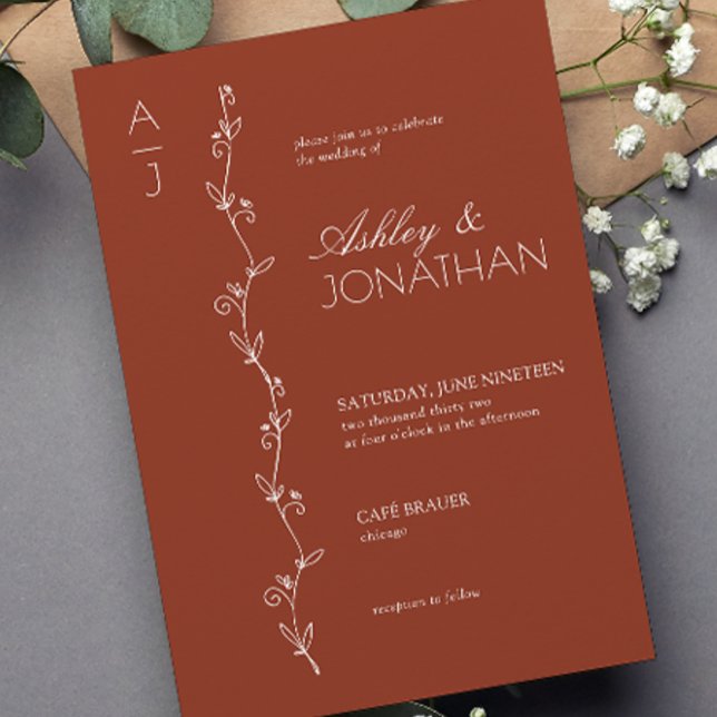 Modern Botanical Divider Redwood Wedding Invitation (Creator Uploaded)