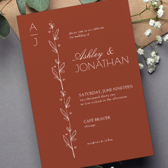 Modern Botanical Divider Redwood Wedding Invitation (Creator Uploaded)