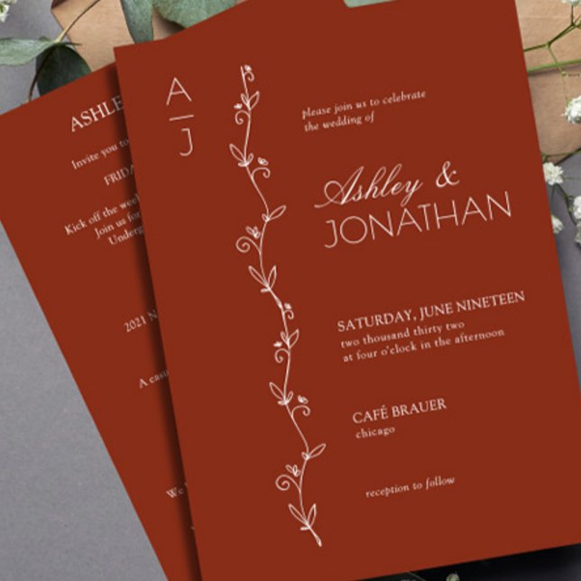 Modern Botanical Divider Wedding Auburn All-in-One Invitation (Creator Uploaded)