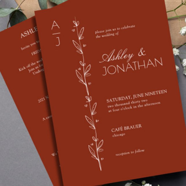Modern Botanical Divider Wedding Auburn All-in-One Invitation (Creator Uploaded)