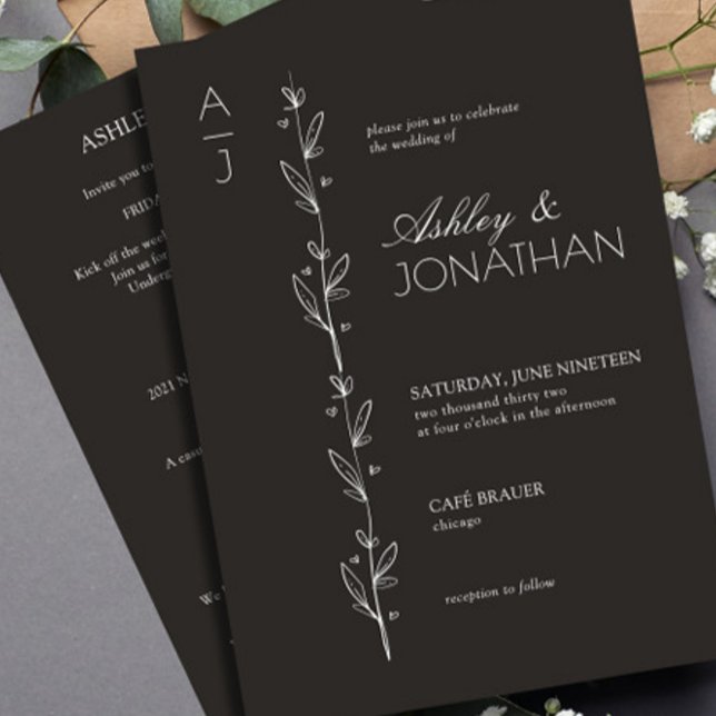 Modern Botanical Divider Wedding Black All-in-One Invitation (Creator Uploaded)