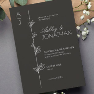 Modern Botanical Divider Wedding Black Invitation
