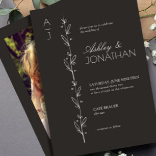 Modern Botanical Divider Wedding Black Photo Invitation
