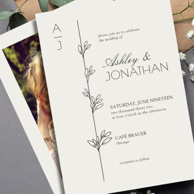 Modern Botanical Divider Wedding Bone Photo Invitation (Creator Uploaded)