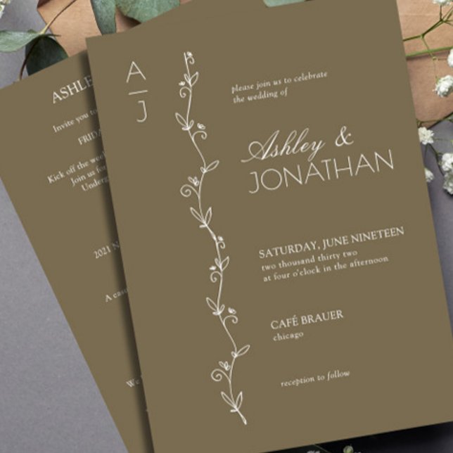 Modern Botanical Divider Wedding Brown All-in-One Invitation (Creator Uploaded)