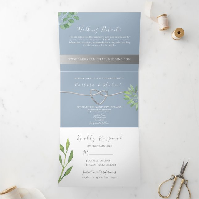 Modern Botanical Dusty Blue Wedding Tri-Fold Invitation (Inside)