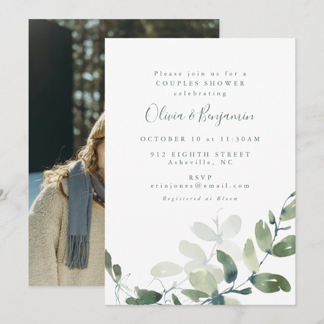 Modern Botanical Eucalyptus Couples Shower Photo Invitation (Front/Back)