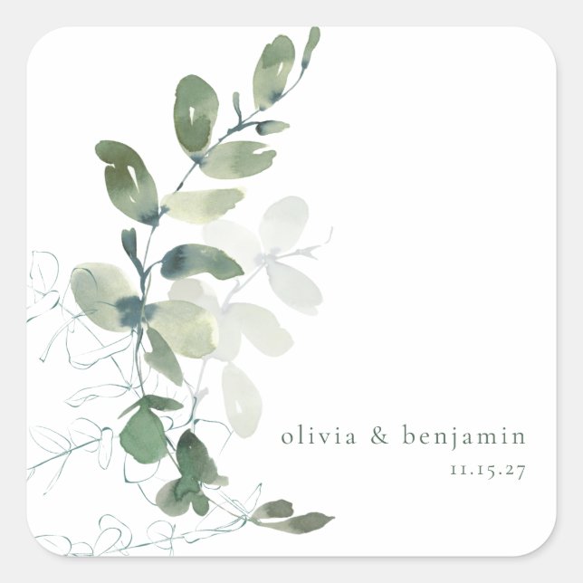 Modern Botanical Eucalyptus Custom Wedding Name  Square Sticker (Front)