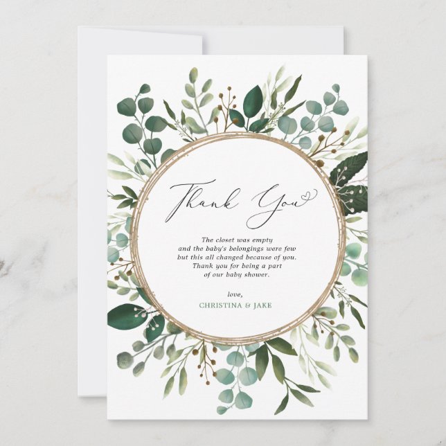 Modern Botanical Eucalyptus Greenery Baby Shower Thank You Card (Front)