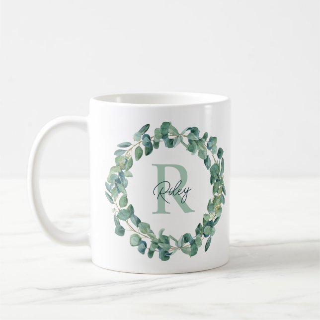 Modern Botanical Eucalyptus Wreath Personalised Coffee Mug (Left)