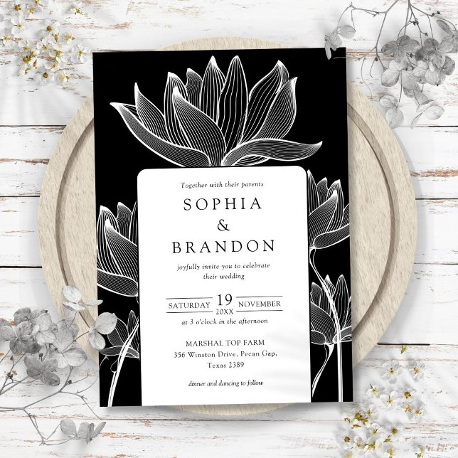 Modern Botanical Floral Black And White Wedding Invitation (Modern Botanical Floral Black And White Wedding Invitation)