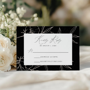 Modern Botanical Floral Black & Cream Wedding RSVP Card