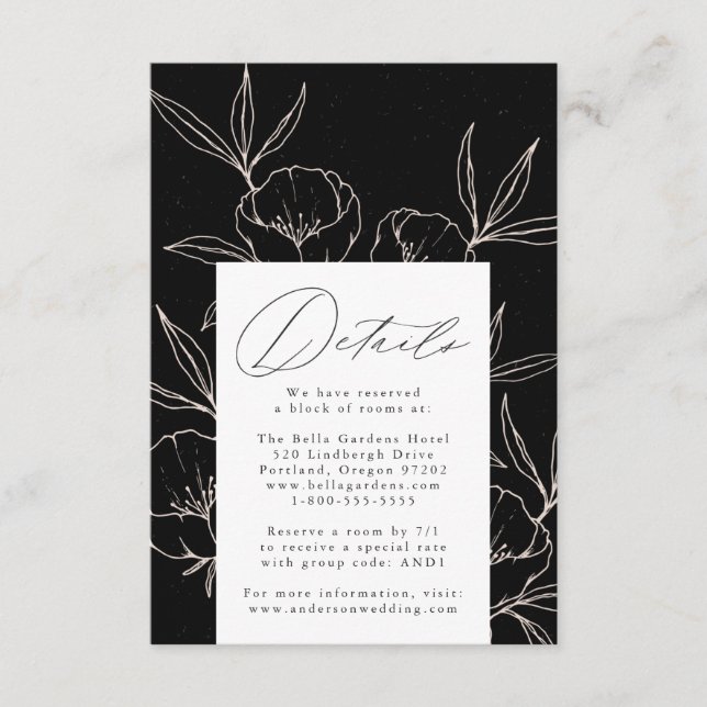 Modern Botanical Floral Black Wedding Details Enclosure Card (Front)