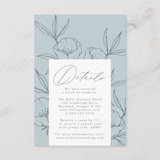 Modern Botanical Floral Blue Wedding Details Enclosure Card (Front)
