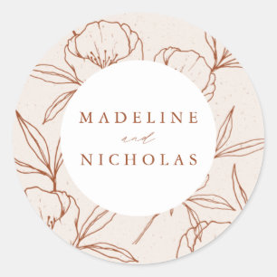 Modern Botanical Floral Cream & Cinnamon Wedding Classic Round Sticker