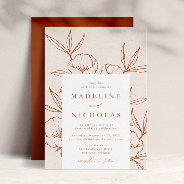 Modern Botanical Floral Cream & Cinnamon Wedding Invitation (Creator Uploaded)