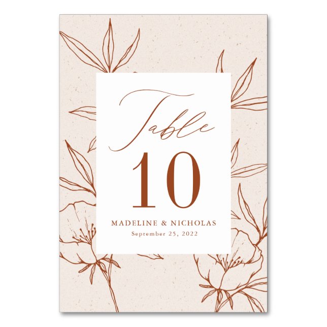 Modern Botanical Floral Cream & Cinnamon Wedding Table Number (Front)