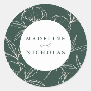 Modern Botanical Floral Dark Green & Cream Wedding Classic Round Sticker