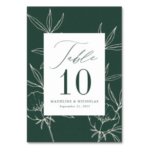 Modern Botanical Floral Dark Green & Cream Wedding Table Number