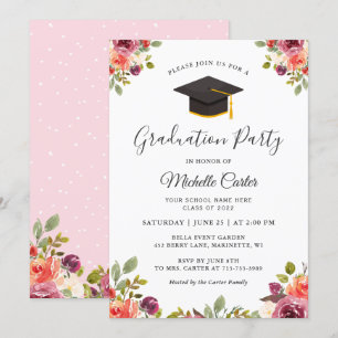 Modern Botanical Floral Girl Grad Graduation Party Invitation