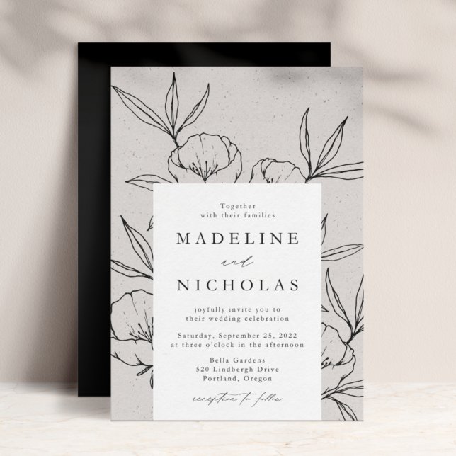 Modern Botanical Floral Grey & Black Wedding Invitation (Creator Uploaded)