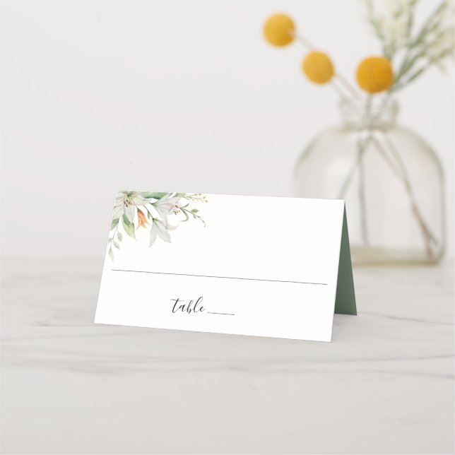 Modern Botanical Floral Lily Wedding Place Card (Front)