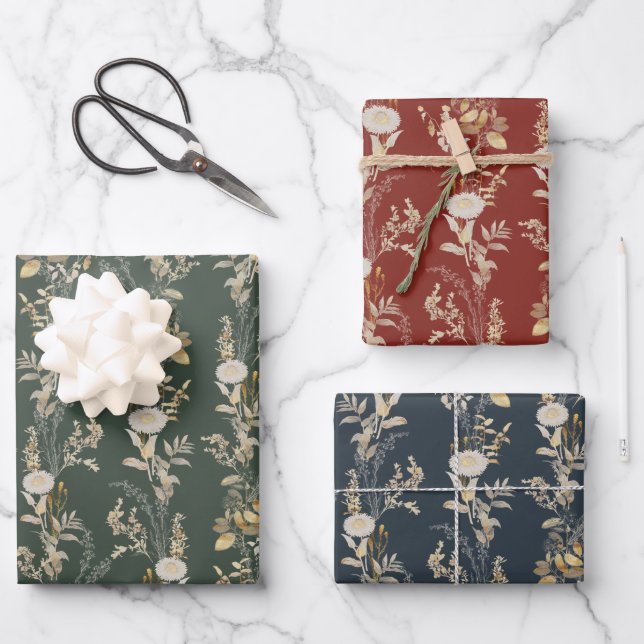 Modern Botanical Floral Red Green Wrapping Paper (Front)