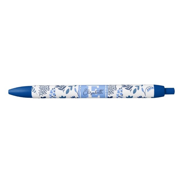 Modern Botanical Folk Art Blue Flowers Monogram  Black Ink Pen (Front)