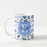 Modern Botanical Folk Art Blue White Monogram Name